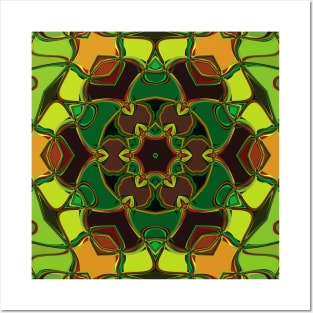 Cartoon Mandala Flower Green Yellow and Orange Posters and Art